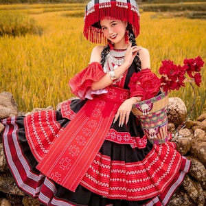 Hmong dress for women, Ethnic Hmong clothes, Hill tribe Handmade Hmong outfit, Traditional costumes in Vietnam