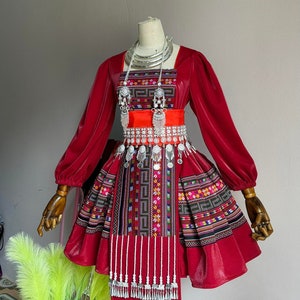 Hmong dress for women, Vintage ethnic embroidered dress, Hmong Hill tribe Handmade outfit, Traditional costume in the north of Vietnam