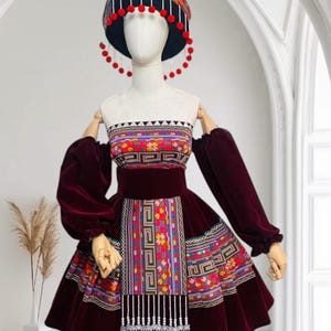 Hmong dress for women, Vintage embroidered Hmong clothes, Hmong Hill tribe Handmade outfit, Traditional costume in the north of Vietnam