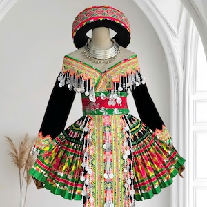 Hmong dress for women, Ethnic embroidered Hmong clothes, Hill tribe Handmade Hmong outfit, Hmong Traditional costumes in Vietnam