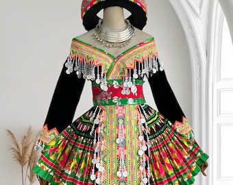 Hmong dress for women, Ethnic embroidered Hmong clothes, Hill tribe Handmade Hmong outfit, Hmong Traditional costumes in Vietnam