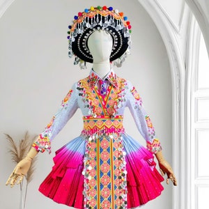 Hmong dress for women, Ethnic embroidered Hmong clothes, Hill tribe Handmade Hmong outfit, Hmong Traditional costumes in Vietnam