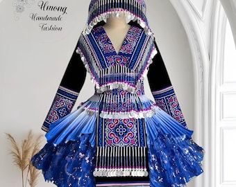 Hmong dress for women, Ethnic embroidered Hmong clothes, Hill tribe Handmade Hmong outfit, Hmong Traditional costumes in Vietnam