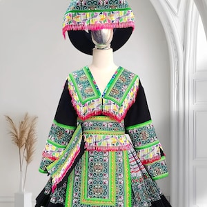 Hmong dress for women, Ethnic embroidered Hmong clothes, Hill tribe Handmade Hmong outfit, Hmong Traditional costumes in Vietnam