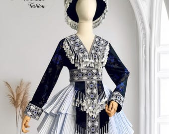 Hmong dress for women, Ethnic embroidered Hmong clothes, Hill tribe Handmade Hmong outfit, Traditional costumes in Vietnam