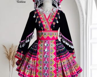 Hmong dress for women, Ethnic embroidered Hmong clothes, Hill tribe Handmade Hmong outfit, Hmong Traditional costumes in Vietnam