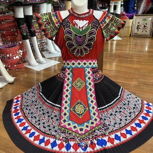 Hmong dress for women, Ethnic Hmong clothes, Handmade Hill tribe Hmong outfit, Traditional costume in Vietnam
