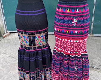 Custom size maxi fishtail Hmong skirt /Hill tribe skirt/ Ethnic skirt/ Brocade skirt/ Boho skirt/Colorful skirt/Hmong long skirt