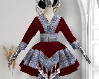 Hmong dress for women, Ethnic embroidered Hmong clothes, Hill tribe Handmade Hmong outfit, Hmong Traditional costumes in Vietnam