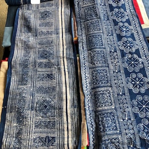 Hmong handwoven batik fabric, Hmong Indigo hand dyed cotton fabric,table runner, hill tribe traditional vintage cotton textiles from Vietnam