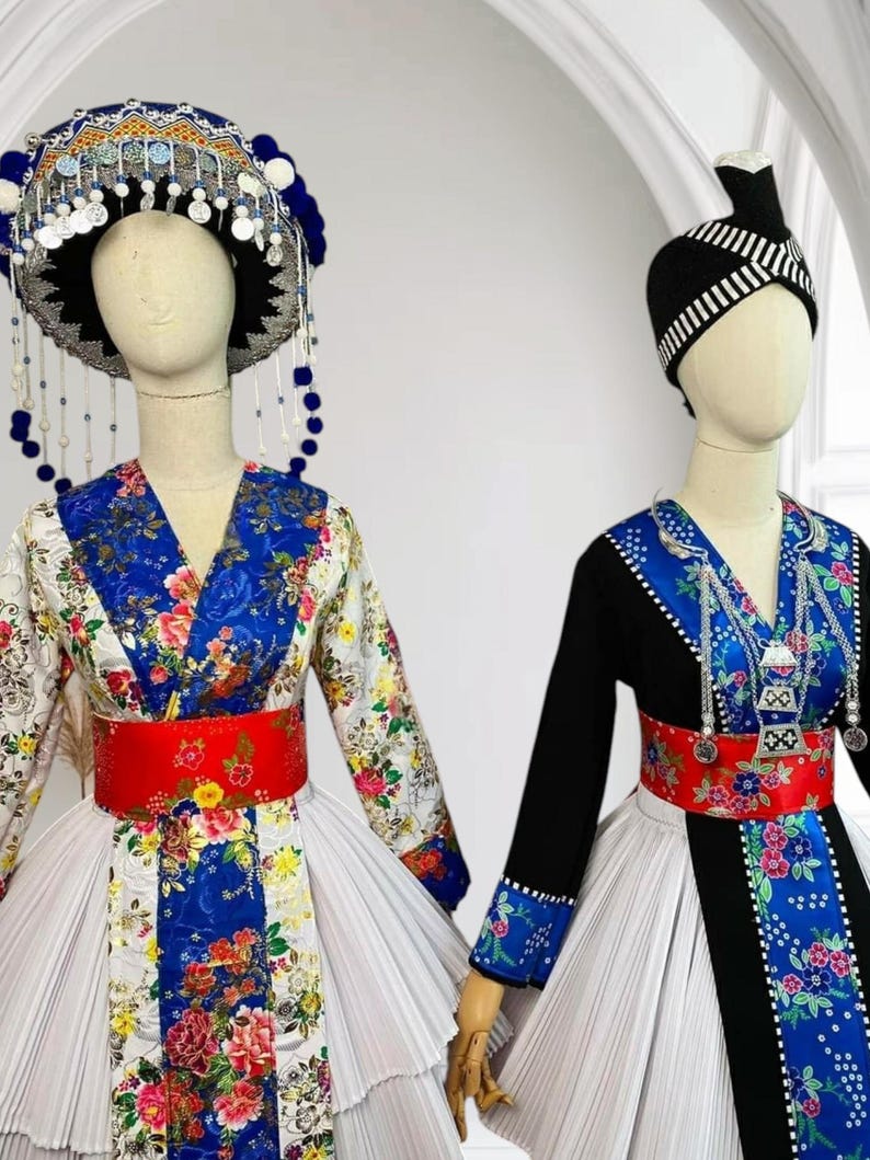 Abito Hmong da donna, abito etnico vintage, abito fatto a mano della tribù Hmong Hill, costume tradizionale del nord del Vietnam immagine 3