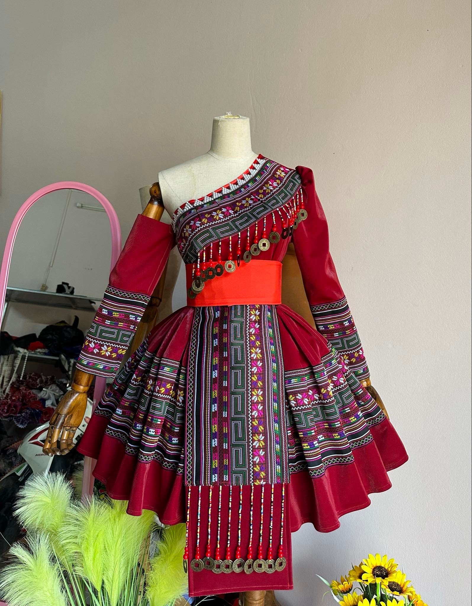 Hmong dress for women, Ethnic embroidered Hmong clothes, Hill tribe Handmade Hmong outfit, Traditional costumes in Vietnam