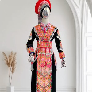 Hmong outfit with pants for women, Ethnic Hmong clothes, Handmade Hill tribe Hmong outfit, Traditional costume in Vietnam