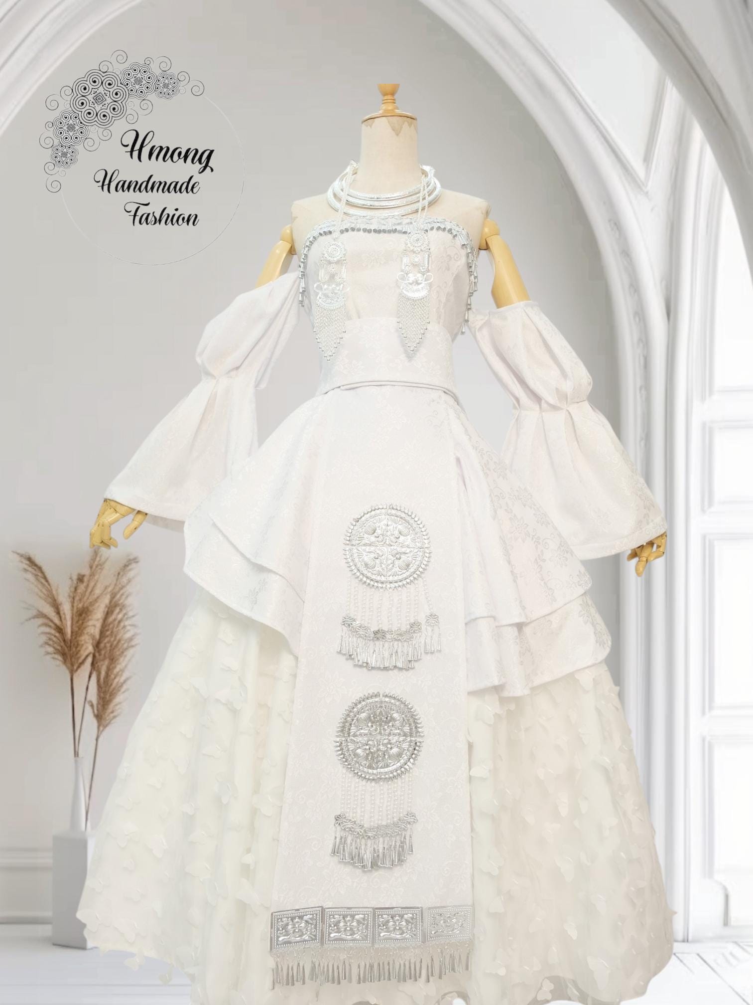 Hmong wedding dress for women, white Hmong clothes, Hmong Hill tribe Handmade outfit, Modern Hmong costume, Miao dress