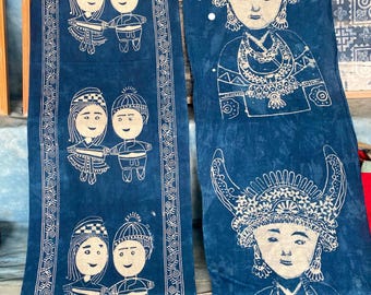 Hmong handwoven batik fabric, Hmong Indigo hand dyed cotton fabric,table runner, hill tribe traditional vintage cotton textiles from Vietnam