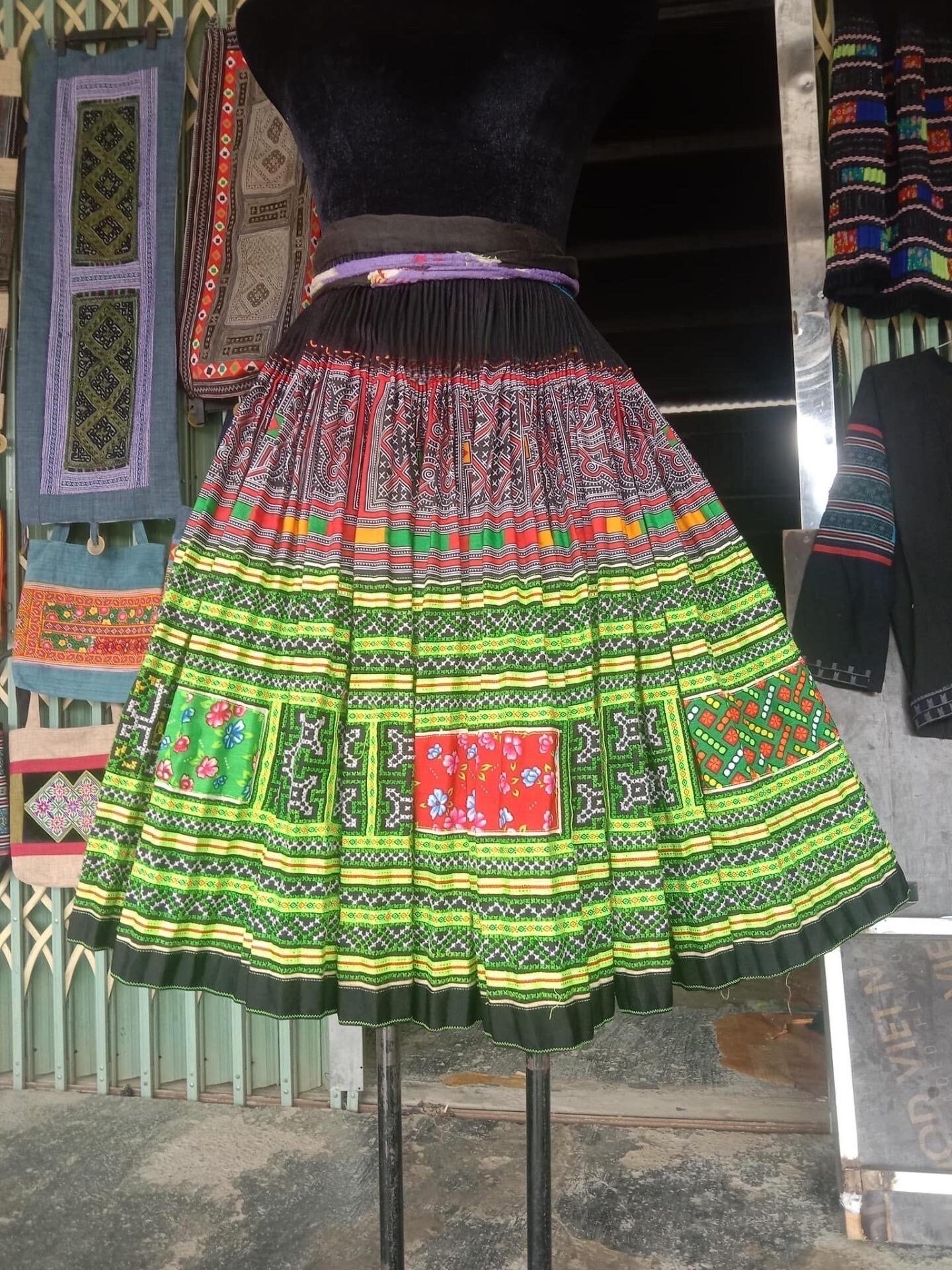 Hill-tribe Long Skirt with Pockets - Pink and Brown