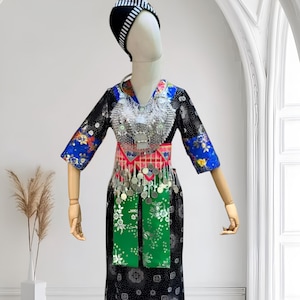 Hmong outfit with pants for women, Ethnic Hmong clothes, Handmade Hill tribe Hmong outfit, Traditional costume in Vietnam