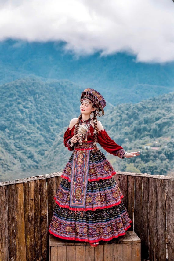 Hmong dress for women, Vintage ethnic Hmong clothes, Hmong Hill tribe Handmade outfit, Traditional costume in the north of Vietnam