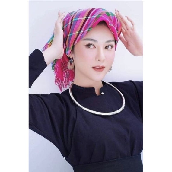 Hmong Head Scarf, Vintage Handmade Square Brocade Scarf Hmong Head Scarf, Vintage Handmade Square Brocade Scarf