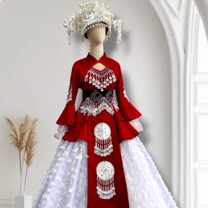 Hmong dress for women, Ethnic embroidered Hmong clothes, Hill tribe Handmade Hmong outfit, Hmong wedding dress