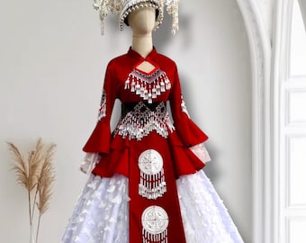 Hmong dress for women, Ethnic embroidered Hmong clothes, Hill tribe Handmade Hmong outfit, Hmong wedding dress