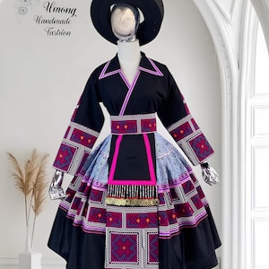 Hmong dress for women, Ethnic embroidered Hmong clothes, Hill tribe Handmade Hmong outfit, Hmong Traditional costumes in Vietnam