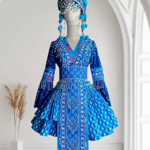 Hmong dress for women, Ethnic Hmong clothes, Handmade Hill tribe Hmong outfit, Traditional costume in Vietnam