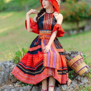 Hmong dress for women, Vintage ethnic hand embroidered dress, Hmong Hill tribe Handmade outfit, Traditional costume in the north of Vietnam