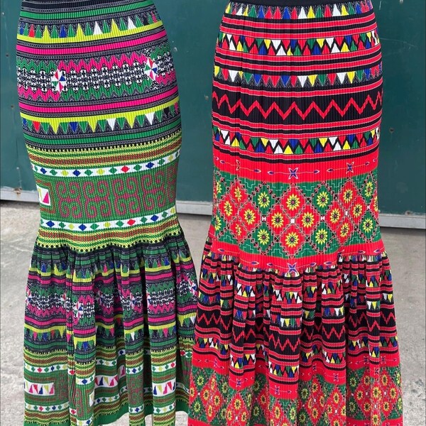 Hill-tribe Long Skirt with Pockets - Pink and Blue main image 1