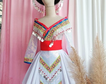 女性用モン族ドレス、民族刺繍モン族服、山岳民族手作りモン族