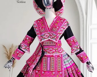 Hmong dress for women, Ethnic hand embroidered Hmong clothes, Hill tribe Handmade Hmong outfit, Hmong couple set, Hmong vest for men