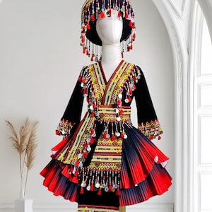 Hmong dress for women, Ethnic embroidered Hmong clothes, Hill tribe Handmade Hmong outfit, Hmong couple set, Hmong outfit for couple