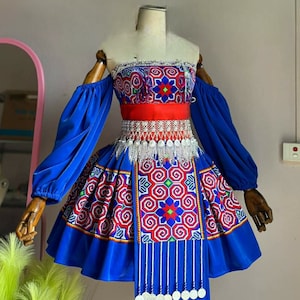 Hmong dress for women, Ethnic embroidered Hmong clothes, Hill tribe Handmade Hmong outfit, Traditional costumes in Vietnam