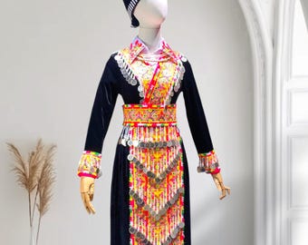 Hmong outfit with pants for women, Ethnic Hmong clothes, Handmade Hill tribe Hmong outfit, Hmong modern clothes