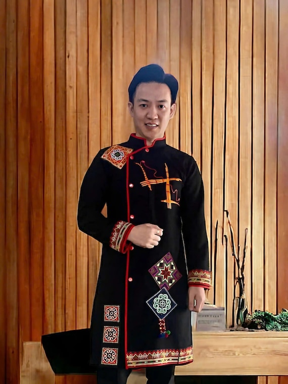 男性用モン族の衣装 | ヴィンテージハンドメイド刺繍ジャケット | モン