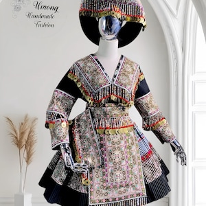 Hmong dress for women, Vintage ethnic hand embroidered dress, Hmong Hill tribe Handmade outfit, Traditional costume in the north of Vietnam