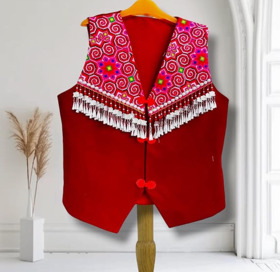 男性用モン族刺繍ベスト | 男性用ハンドメイド衣装 | モン族の民族衣装