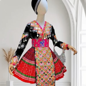 Hmong dress for women, Ethnic embroidered Hmong clothes, Hill tribe Handmade Hmong outfit, Hmong Traditional costumes in Vietnam