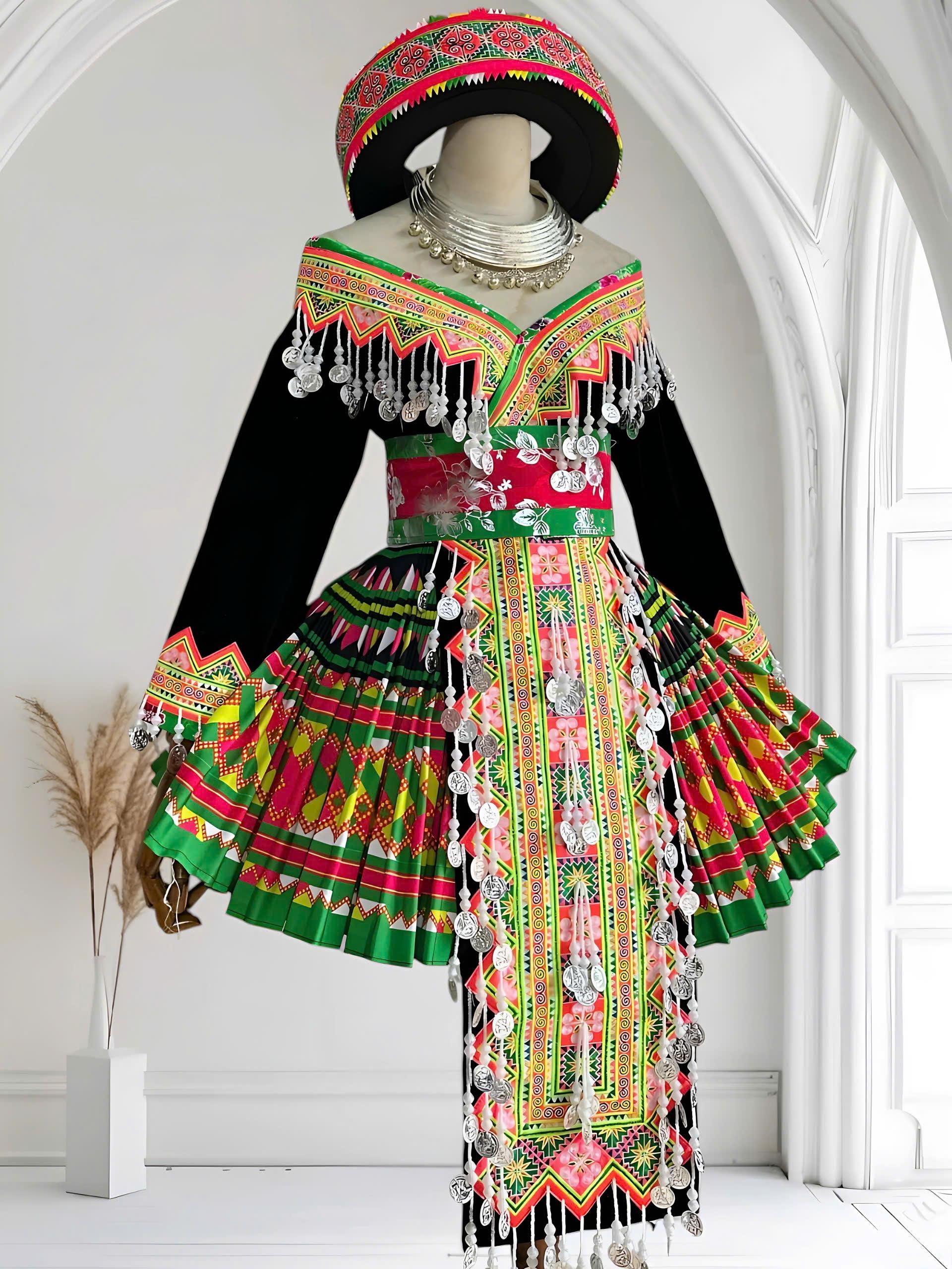 女性用モン族ドレス、民族刺繍のモン族服、山岳民族の手作りモン族衣装