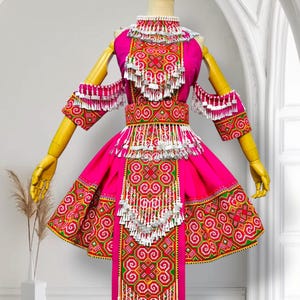 Hmong dress for women, Ethnic hand embroidered Hmong clothes, Hill tribe Handmade Hmong outfit, Traditional costumes in Vietnam