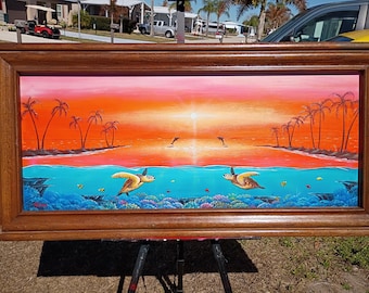 Sea Turtles and Dolphins under sunset original acrylic on framed canvas