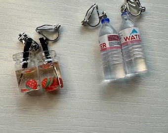 Strawberry Drink Clip On Earrings: Novelty Water Earrings, 2 Pairs