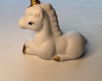 Vintage Porcelain Unicorn Figurine: Gold Accents, 1980s Decor