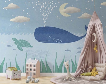 Whale and Caretta Caretta Wallpaper in Ocean for Nursery - Cute Underwater Animal Wallpaper -Star, Moon and Cloud - Peel and Stick Wallpaper