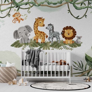Safari Animals Wallpaper for Nursery - Watercolor Jungle Kids Room Wall Mural - Cute Animals Nursery Wall Decor - Peel and Stick Wallpaper