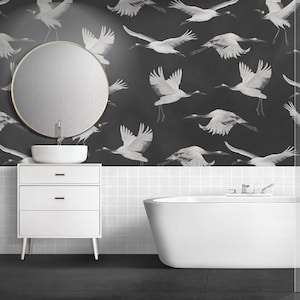 Migratory Birds Wallpaper - Crane Birds Wallpaper - Black and White Wall Decor - Chinese Bird Wall Mural - Peel and Stick Wallpaper