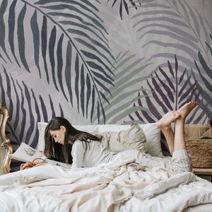Palm Leaf Wallpaper - Tropical Leaves Wallpaper - Pastel Color Watercolor Wall Mural - Peel and Stick Wallpaper