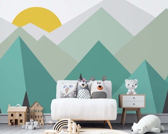 Mountain Wallpaper for Nursery - Turquoise Kids Room Wall Mural - Geometric Triangle Wall Decor - Peel and Stick Wallpaper