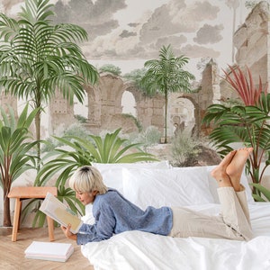 Tropische Bäume und alte Stadt Landschaft Wallpaper - Retro Wallpaper - Aquarell Landschaft Wandbild - Tapete abziehen und aufkleben
