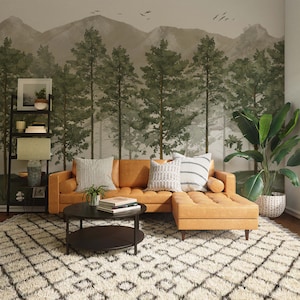 Kids Room Trees Wallpaper - Watercolor Mointain and Forest Landscape Peel and Stick Wall Mural - Self Adhesive Nursery Wall Art